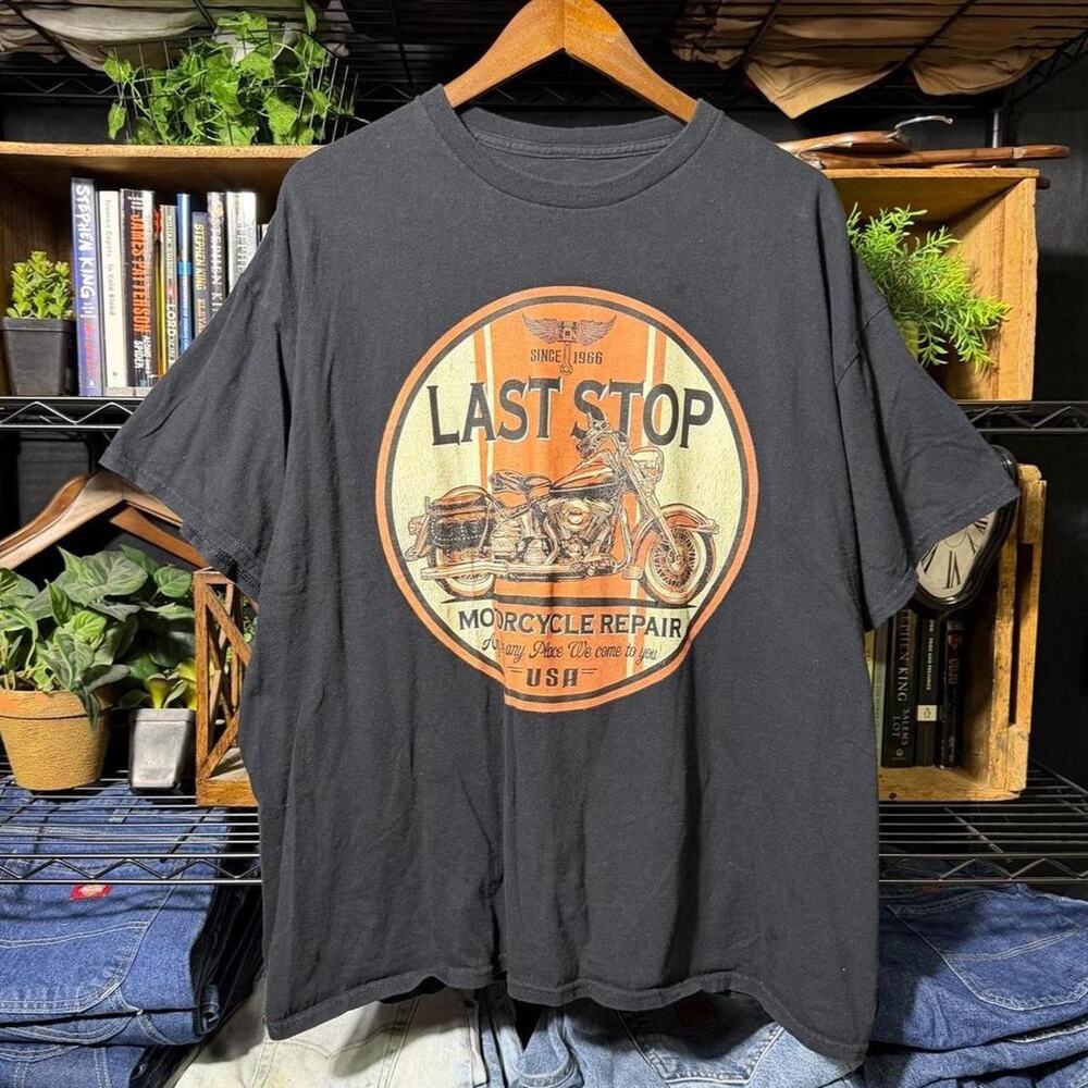 Last Stop Motorcycle Repair Biker Tee Black Orange Harley Davidson Style Shirt